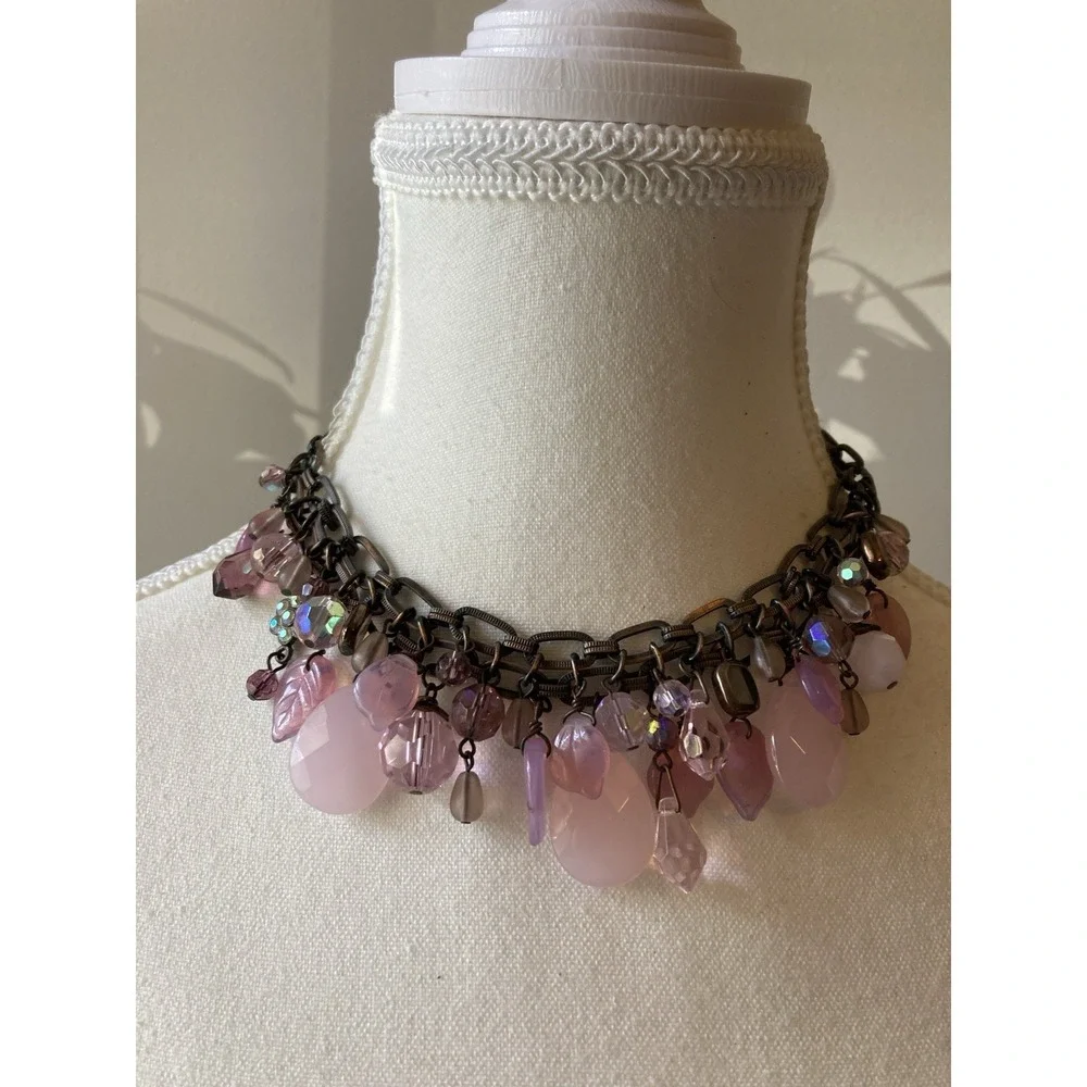 Pink & Purple Lucite Charm Necklace Gunmetal Multi Chain Whimsical Fairy Dangle‎